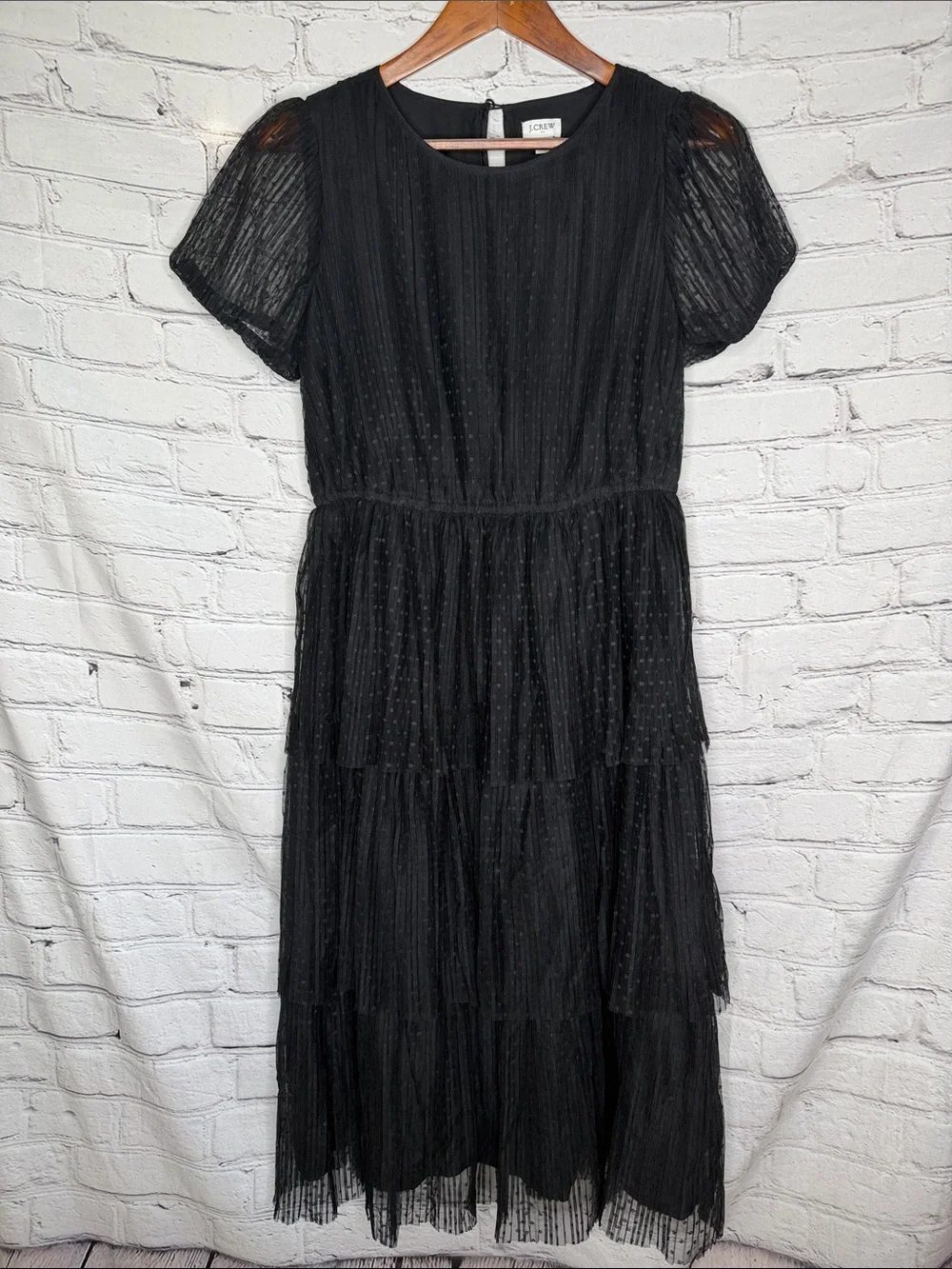 J. Crew Black Sheer Dot Tiered Midi Dress with Puff Sleeves Size 8